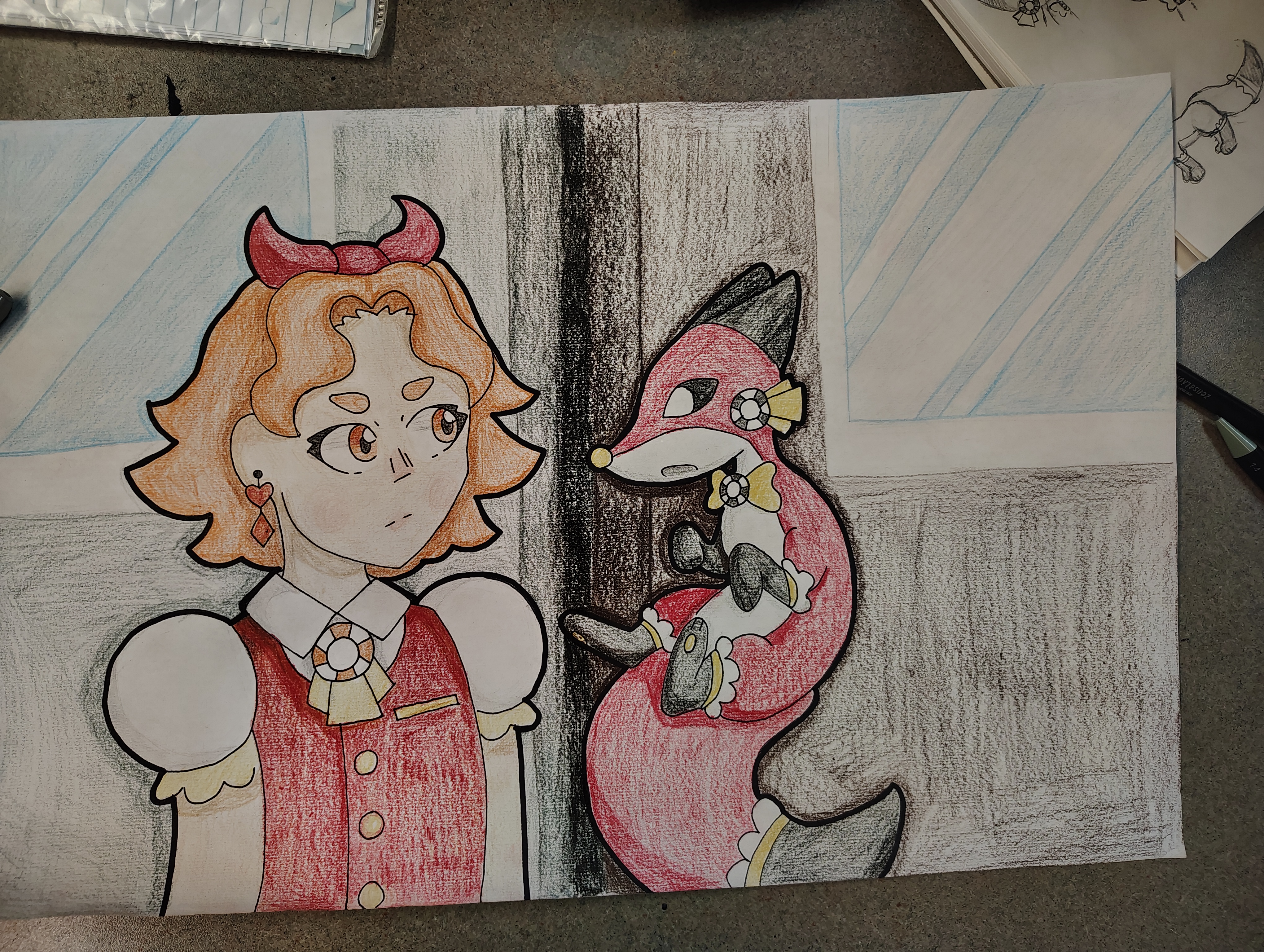 A well dressed magical girl inspired by poker is standing next to her magical companion fox.