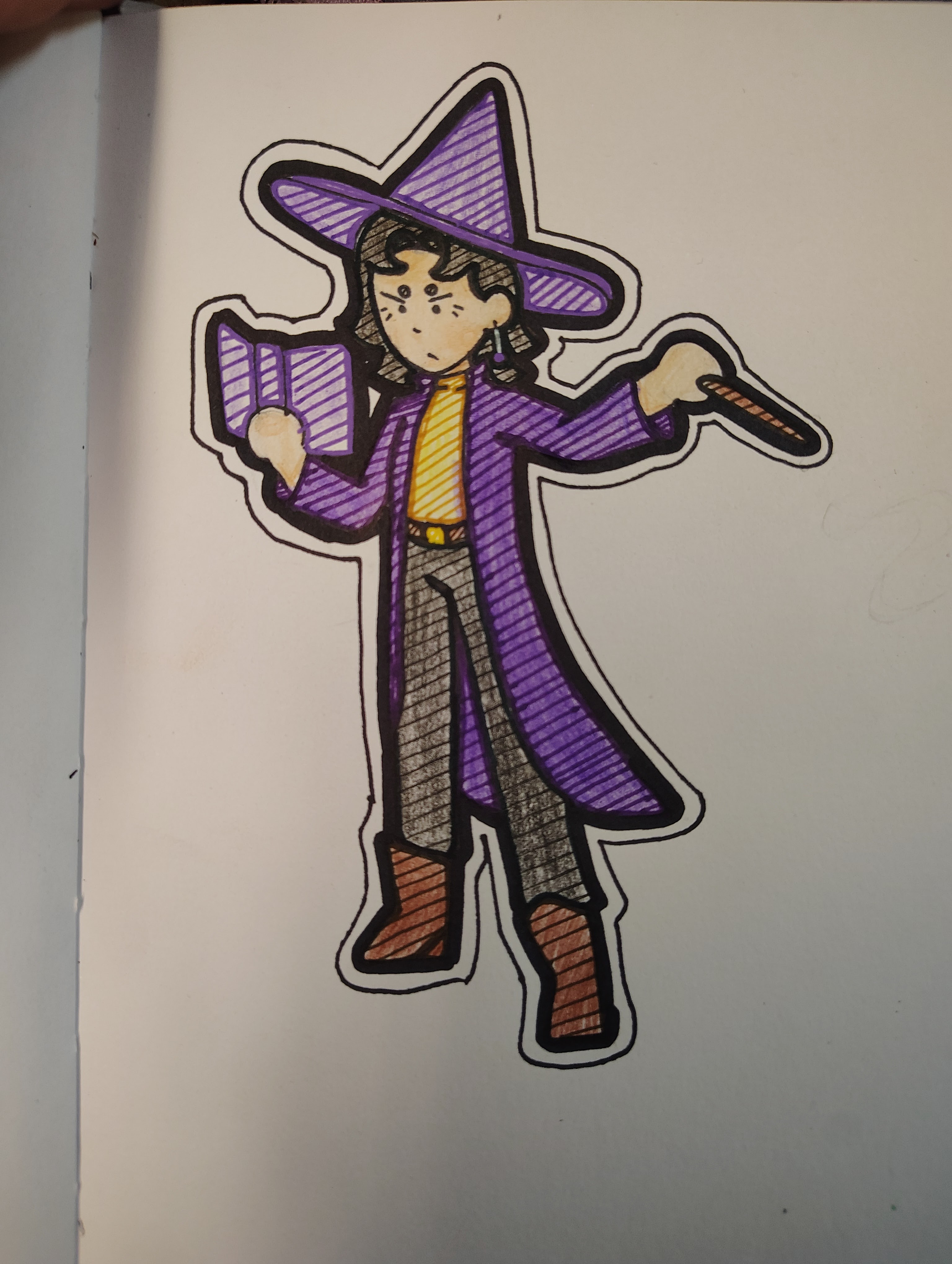 My oc Lina who is a wizard. She is loking at a book and trying to use a spell. She is wearing a yellow turtle neck and purple other clothing.