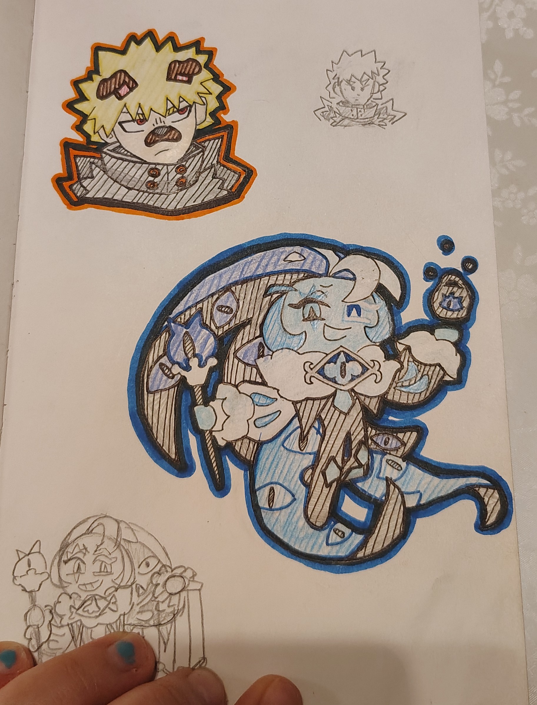 A drawing of Bakugo from MHA and of Shadow Milk from Cookie Run Kingdom.